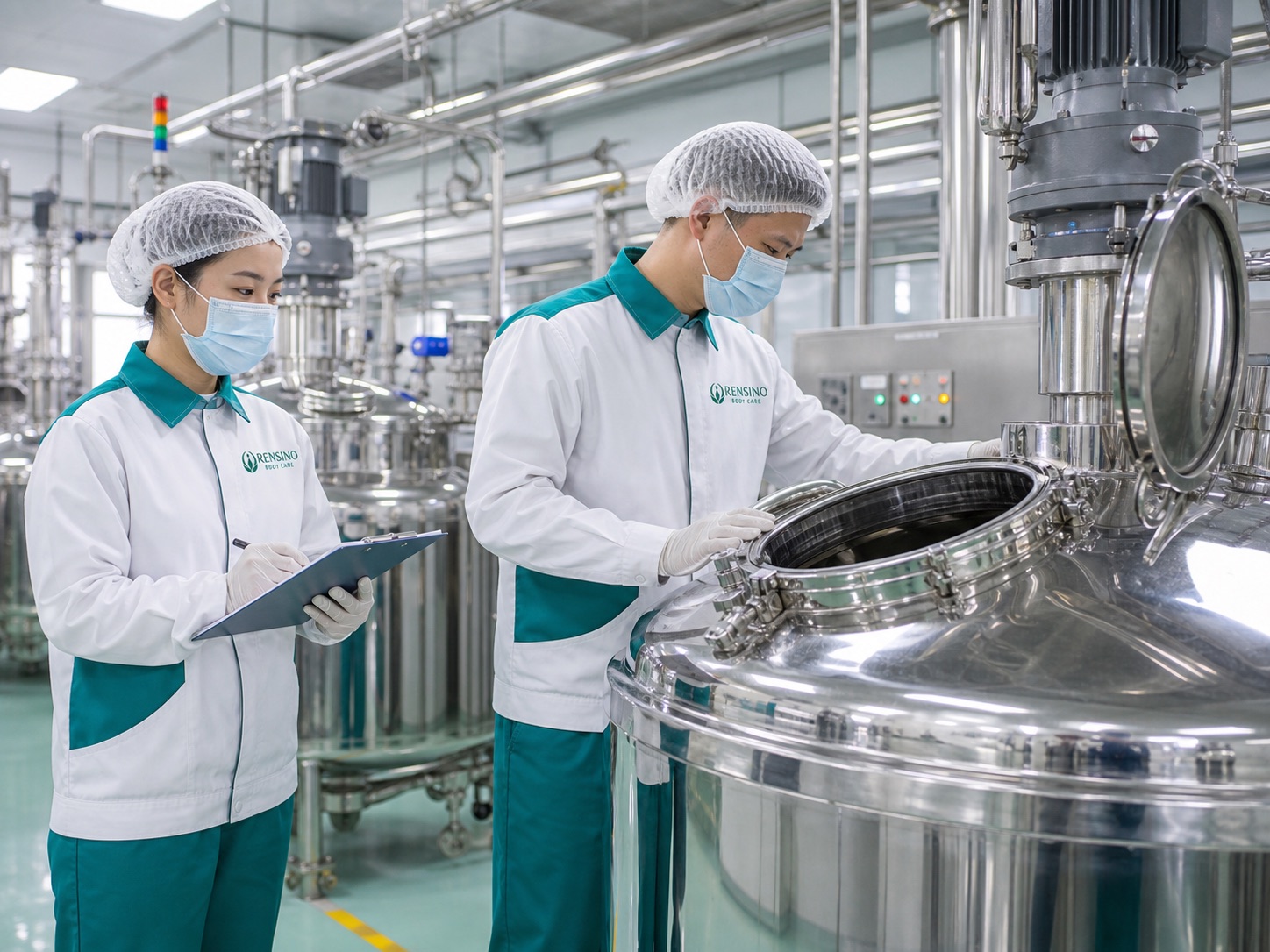Rensino technicians operating stainless steel cosmetic mixing equipment