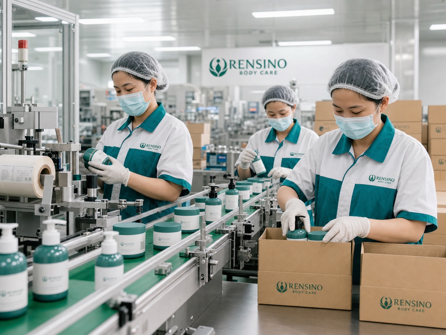 Rensino workers labeling and packing body care products