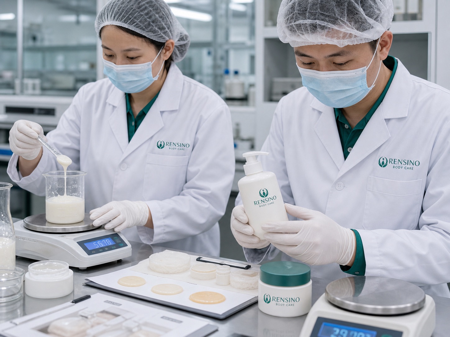 Rensino quality technicians inspecting body care products