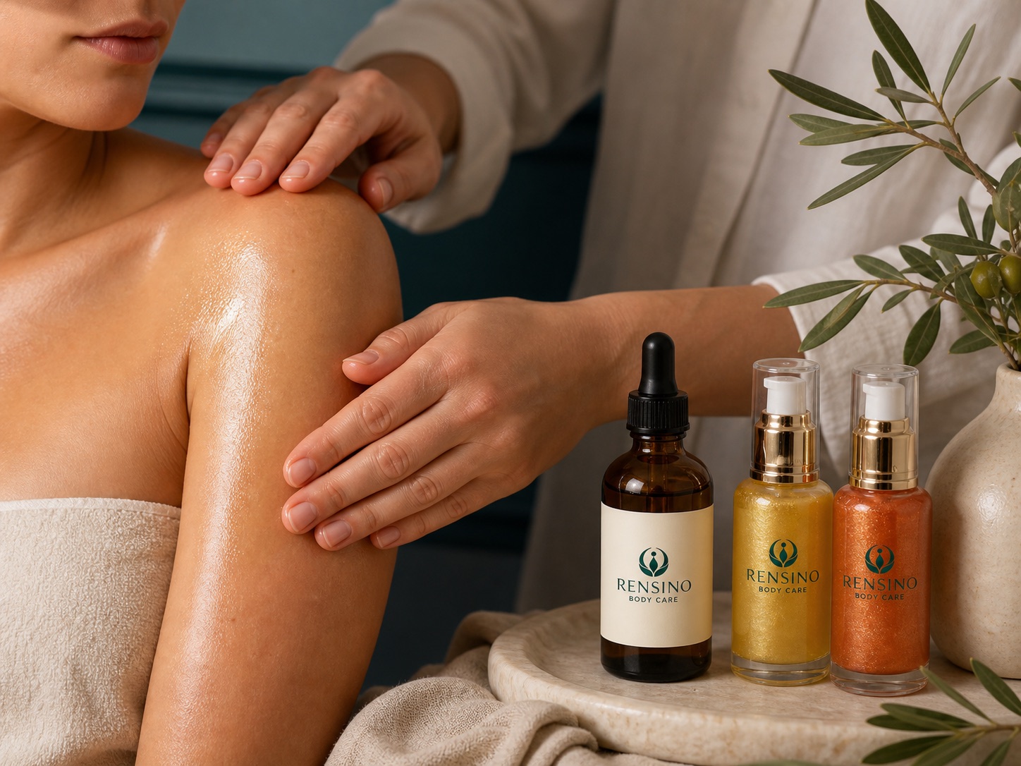 Rensino body oil used in a shoulder massage