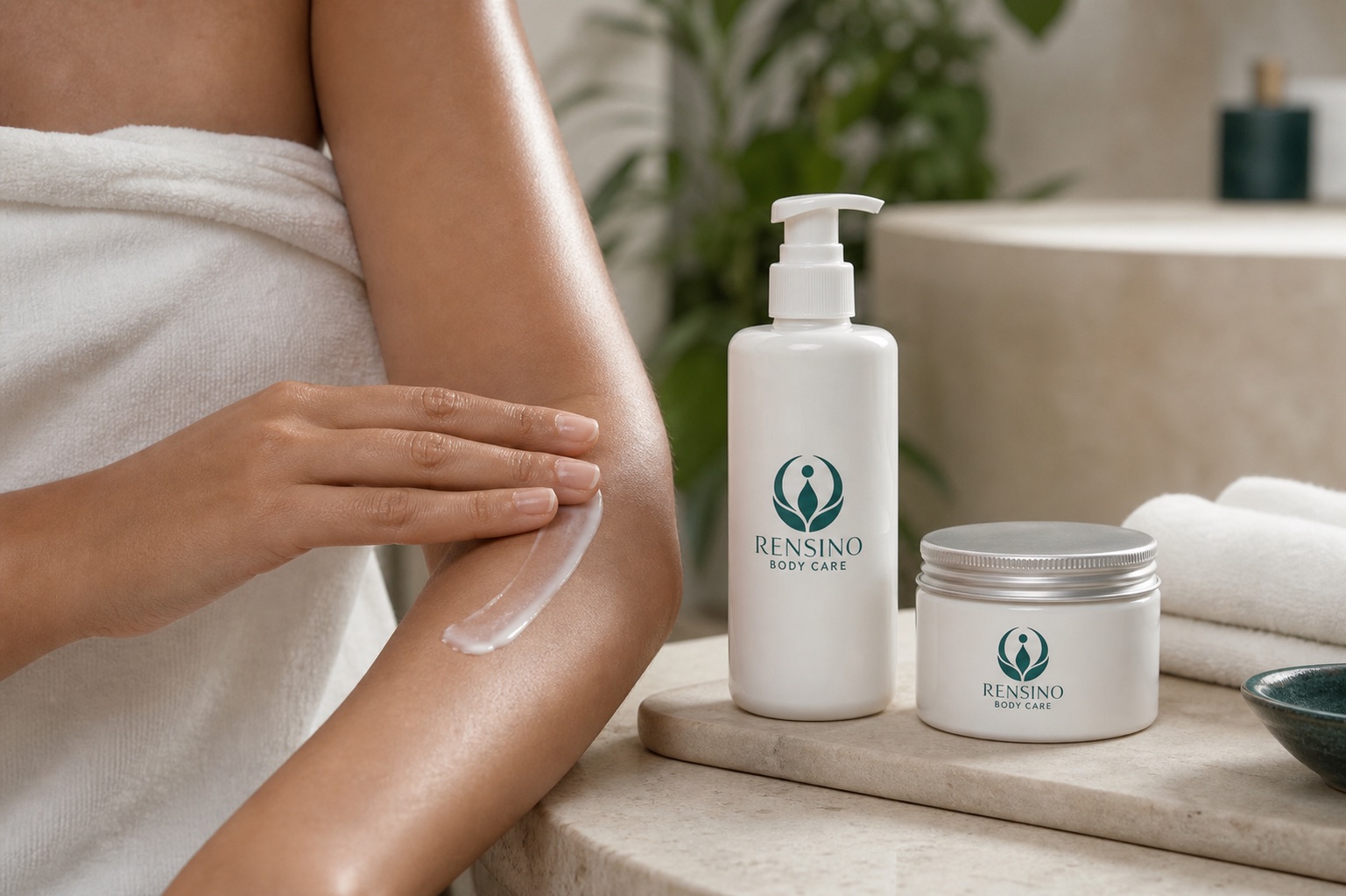 Rensino body lotion applied to an adult forearm