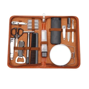 15pcs Men’s Grooming Kit Stainless Steel Travel Personal Care Tools Nail Care Clipper Shaving Tools Brown Leather Beauty Tool