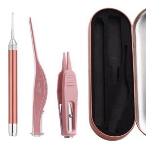 3 Piece Ear Wax Removal Tool Kit with LED Flashlight Includes Ear Cleaner Earwax Remover Tweezer Set and Nose Cleaning Tools