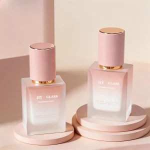 30ml 1oz Square Thick Base Glass Foundation Bottle Romantic Pink Cap with Lotion Pump Packaging for Beauty Brands