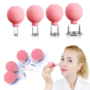 4 PCS Glass Facial Cupping Set Silicone Vacuum Suction Cupping Massage Therapy Kit for Anti Cellulite Anti Wrinkle Pink