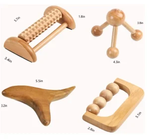 4 in 1 Wood Therapy Massage Tools Set Traditional Wooden Tools Foot Massage Roller Gua Sha Massage Body Sculpting Tools