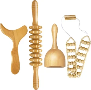 4pcs Wood Therapy Massage Tool Set for Lymphatic Drainage Anti Cellulite Body Massage Roller and Gua Sha Kit for Full Body Use