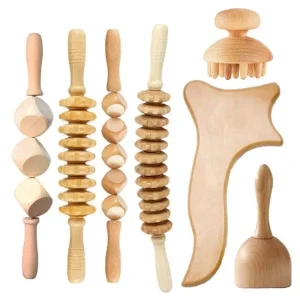5 in 1 Professional Wood Therapy Massage Kit Swedish Cup Massage Roller & Contour Plate for Pain Relief Wooden Scrapping Cup