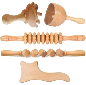 5 in 1 Wood Massage Therapy Tools Kit for Body Shaping Wooden Lymphatic Drainage Massager for Cellulite Wooden Gua Sha Tools Kit