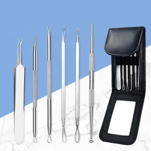 6 Piece Blackhead Remover Kit with Mirror Case Pimple Popper Tool for Quick Easy Nose Use