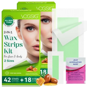 60 Counts Natural Depilatory Patches 2 in 1 Non Wovan Facial Waxing Strips for Face Body Hair Removal