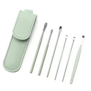 6pcs Stainless Steel Personal Care Durable Portable Ear Pick Spoon Set Earwax Removal With Leather Case