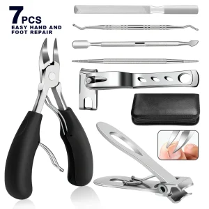 7Pcs Ingrown Toenail Clipper Set Stainless Steel Thick Nail Cutter Podiatry Pedicure Tools Kit with PU Leather Case