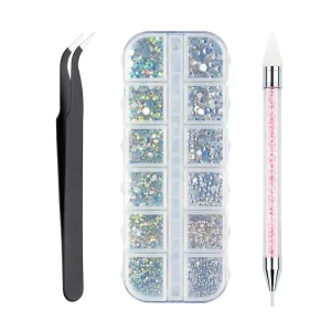 AB&Clear Crystal Nail Art Rhinestones Kit with Stainless Steel Accessories for Personal Care