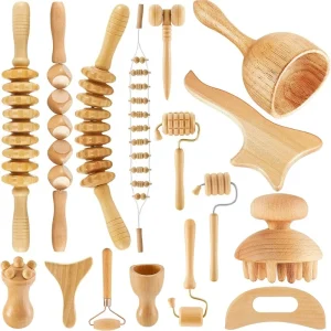 All in One 16PCS Natural Wood Therapy Massage Kit Gua Sha & Rollers for Sports Body Sculpting & Muscle Pain Relief