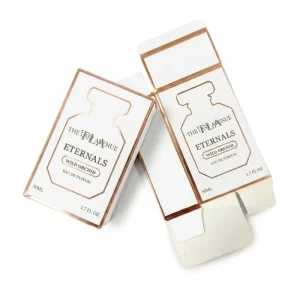 Artisan Custom Luxury Perfume Box 350gsm White Cardboard Rose Gold Hot Stamping Matte Black for 50ml Fragrance