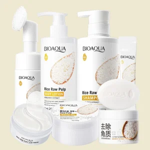BIOAUQA New Skin Care Set Brown Rice Mousse Brush Exfoliate Gel Whitening Moisturizer Body Lotion Bath Soap Face Skin Care Kit