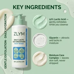 Body Wash Lactic Acid AHA Exfoliating Hydrating Smoothing Vegan Sensitive Skin Daily Shower Gel