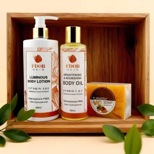 Brightening Body Lotion + Illuminating Body Oil + Turmeric Soap Set 400ml+200ml+200g for Radiant Skin with Natural Ingredients