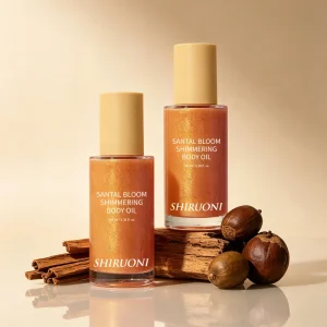 Bulk Supply Sandalwood Shimmering Body Oil Private Label Hydrating Glow Skin Care with Shea Butter & Hyaluronic Acid