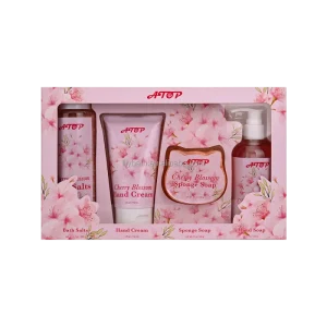 Cherry Blossom Body Care Gift Set Bath Salts Hand Cream Sponge Soap and Hand Soap Collection