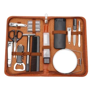Complete Brown Men Travel Daily Personal Care Tools Beard Hair Style Shaving Razor Gift Kit in Stainless Steel Case