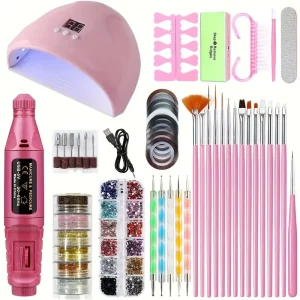 Complete Professional Nail Rhinestone File Tools Kit With UV LED Lamp and Tools Accessories Nails Drill Machine Pedicure Set