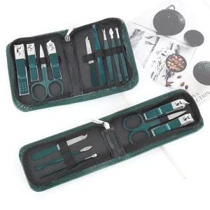 Custom Green 9 Pcs Luxurious Manicure Set Leather Case Box Professional Foot Face Care Tool Kit Stainless Steel Nail Clipper