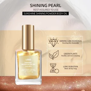 Custom Logo Body Shimmer Oil Private Label Glitter Bronze Vegan SPF Glow Bronzer Body Glitter Highlighter Glow Body Oil
