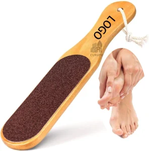 Custom Logo Double Sided Foot File with Wooden Handle Dead Skin Callus Remover Foot Scraper Pedicure Tool for Wet and Dry Feet