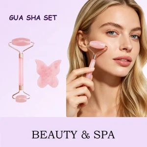 Custom Logo Natural Quartz Butterfly Gua Sha & Jade Roller Set Facial Massage Stone Kit for Skin Care