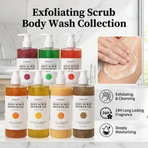Exfoliating Body Scrub Shower Gel 500ml Brightening Body Wash with Vitamin C Kojic Acid Rose Private Label Skin Smoothing