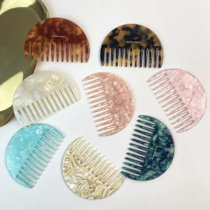 Fashion Portable Custom Logo Retro Elegant Geometric Semi Circle Acetate Hair Marbling Wide Tooth Hair Combs