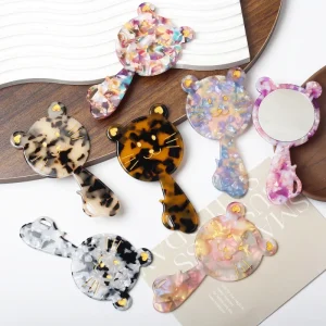 Fashionable Customized Logo Cute Sweet Cat Shaped Acetate Women’s Mirror Makeup Hand Pocket Mirror