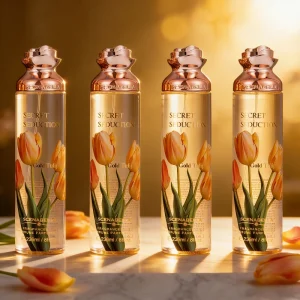Feminine Spray 236ML Women’s Romantic Gold Tulip Fragrance Mist Spray with Alluring Flower Shaped Cap