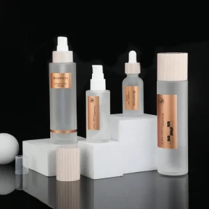 Frosted Glass Skincare Set with Wood Cap Dropper Serum Spray Bottle & Cream Jar Cosmetic Packaging