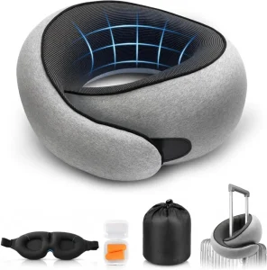G Shape Memory Foam Travel Neck Pillow 100 Pure Foam Ergonomic Support With Eye Mask Ear Plugs Beige Gray