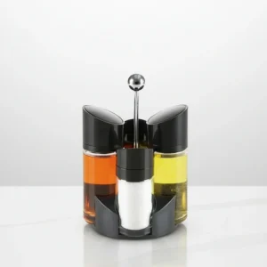 Glass Oil Cruet Bottles with Vinegar Salt Pepper Dispenser and Rack Kitchen Seasoning Holder Set of Four Jars
