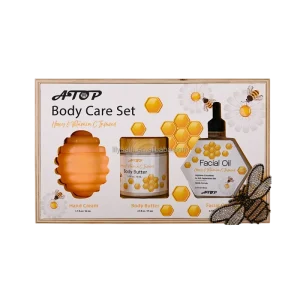 Honey and Vitamin C Body Care Set with Wooden Tray Hand Cream Body Butter and Facial Oil Gift Collection