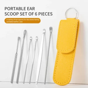 HongStars Spring Portable Earpick Removal Spoon Kit Stainless Steel+PVC Curette Cleaning Earwax Cleaner Tool Set 6 in 1