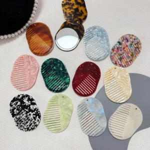 Korean Style Marbling Style Portable Foldable Acetate Makeup Comb Mirror Set for Hotel Supply