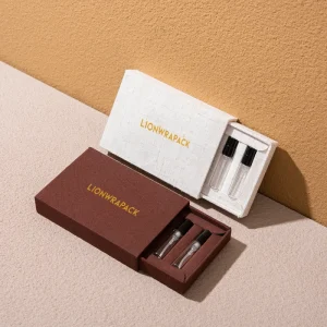 LIonwrapacK Custom Perfume Sample Drawer Box Fragrance Vial Gift Packaging Fabric Wrapped Gold Foil Logo