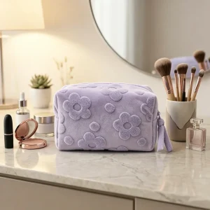 Lavender 3D Flower Makeup Bag Soft Fabric Cosmetic Toiletry Pouch for Women Travel Skincare Brushes and Beauty Tools