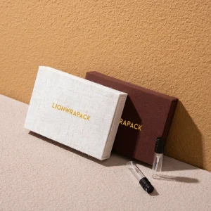 Lionwrapack Custom Perfume Sample Drawer Box Fragrance Vial Gift Packaging Fabric Wrapped Gold Foil Logo Recycled Materials