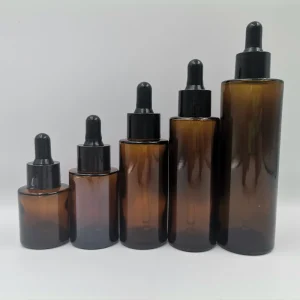 Luxury Flat Shoulder Glass Dropper Bottle Transparent Frosted Black Oil Serum Roller Pump Spray Cap Amber Color