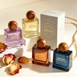 Luxury Unique Irregular Elegant Square Cologne Bottle Empty 50ml 100ml Brown Black Glass Perfume Bottle with Wooden Lid