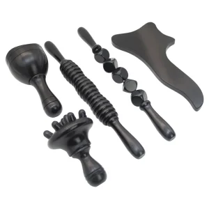 Maderotherapy Anti Cellulite Massage Set Wooden Roller Lymphatic Drainage Tool 5 in 1 Black Maderotherapy Kit