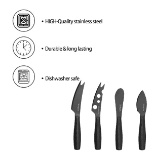 Modern All-Black 4-Piece Cheese Knife Slicer Set Minimalist Stainless Steel Durable Eco-Friendly Portable Dishwasher Safe