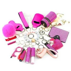 Multi Color Matching Faux Furball Sound Alarm Self Defense Keychain Set Sanitizer Chapstick Holder Keyring Sets 16pcs Set