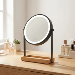 Multifunctional Circular LED Cosmetic Mirror 3 Color LED Dimmable Rechargeable Light Magnifying Surface Metal Storage Tray